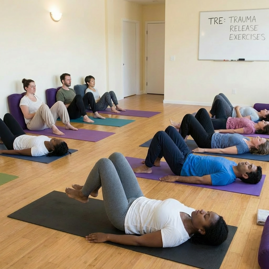Group practicing TRE: TRAUMA RELEASE EXERCISES in a studio with an instructor's assistance.